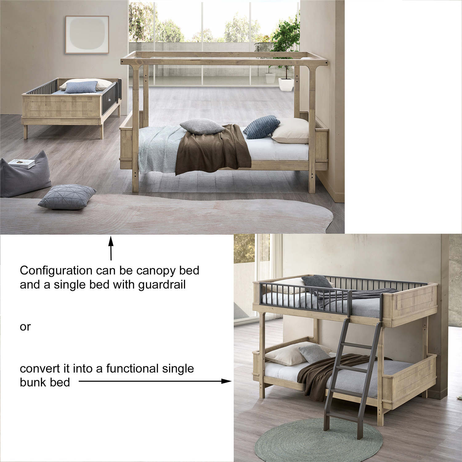 Noa Single Rubberwood Bunk Bed with Canopy