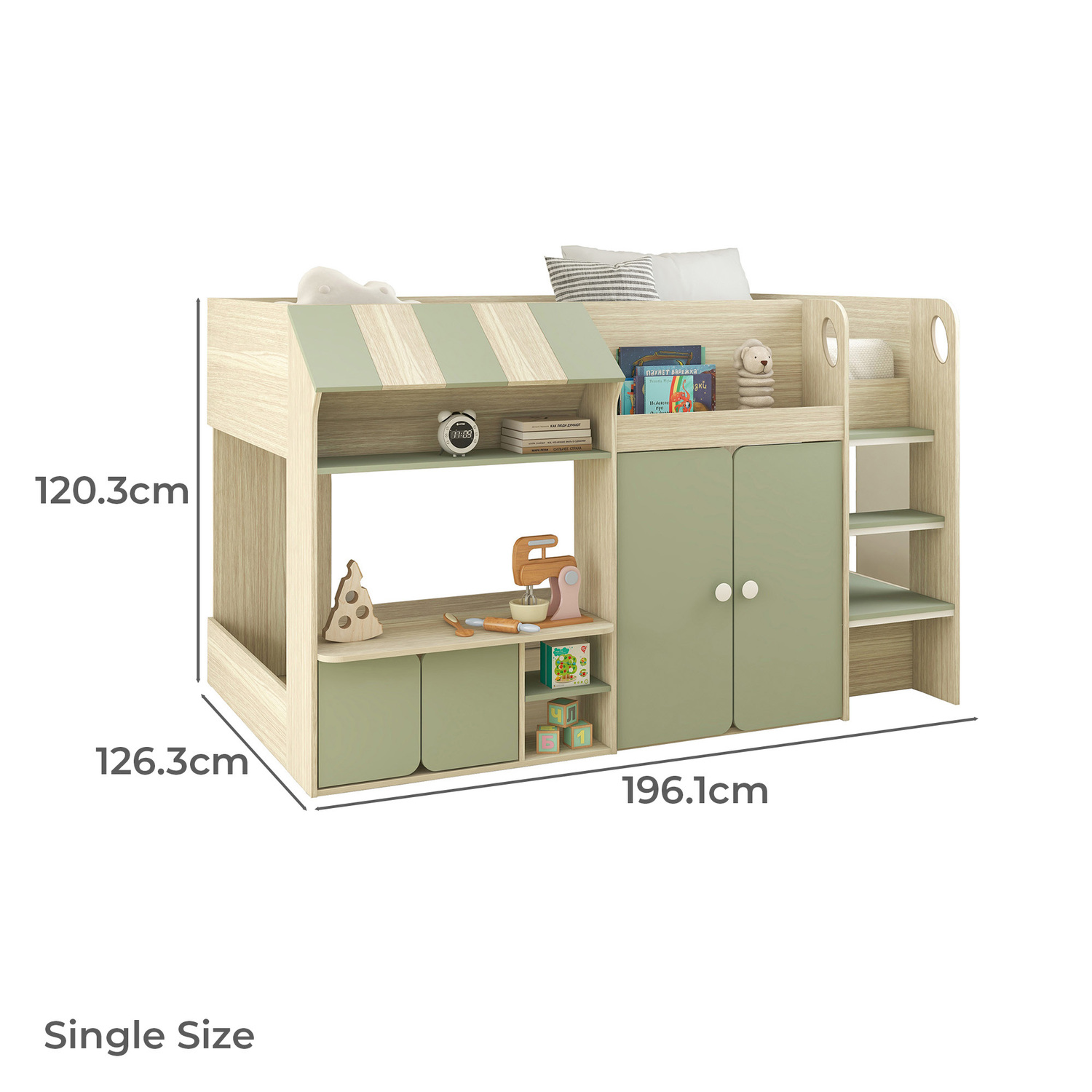 Sage Green Naomie Single Loft Bed with Mattress