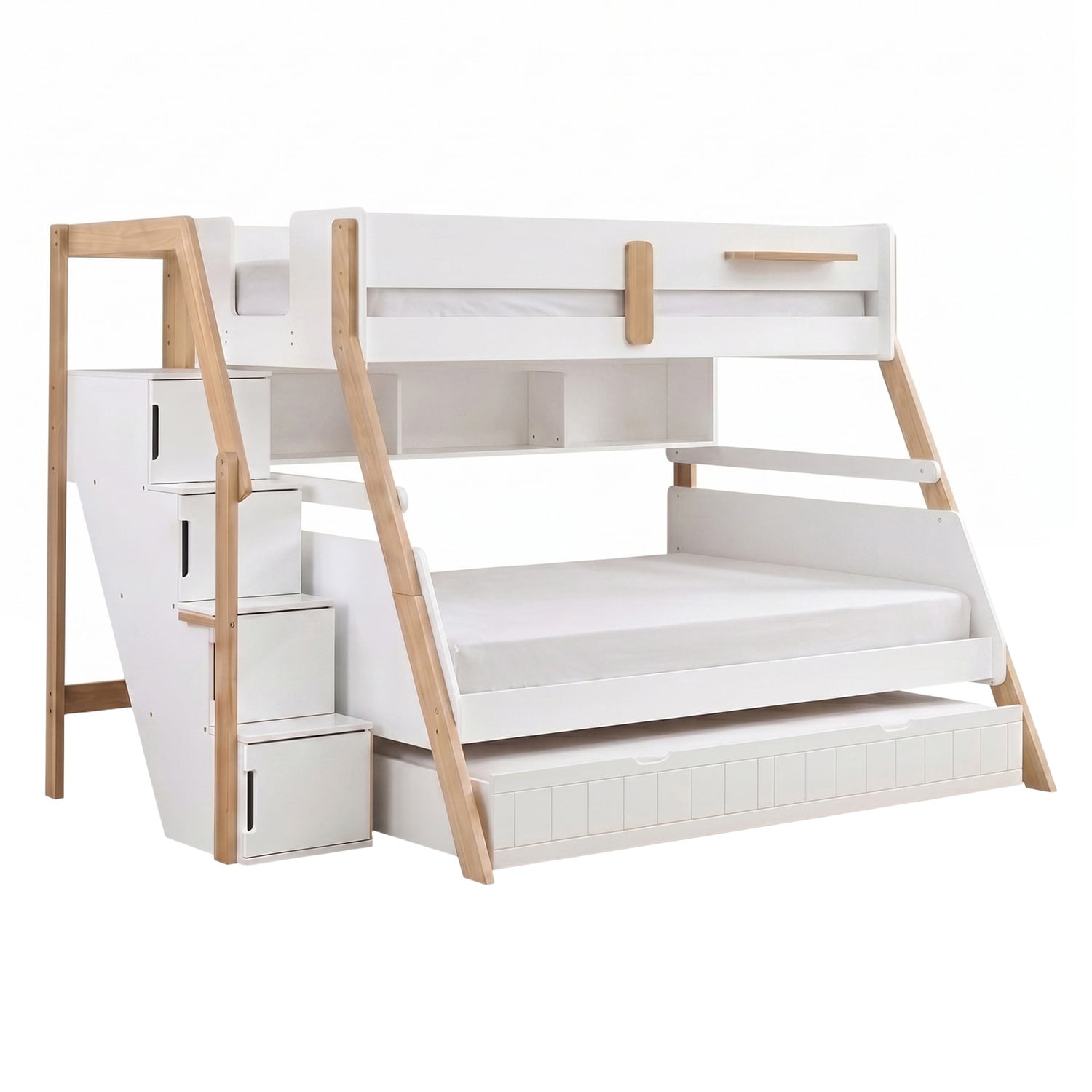 Evan Single Over Double Bunk Bed with Shelf & Double Trundle