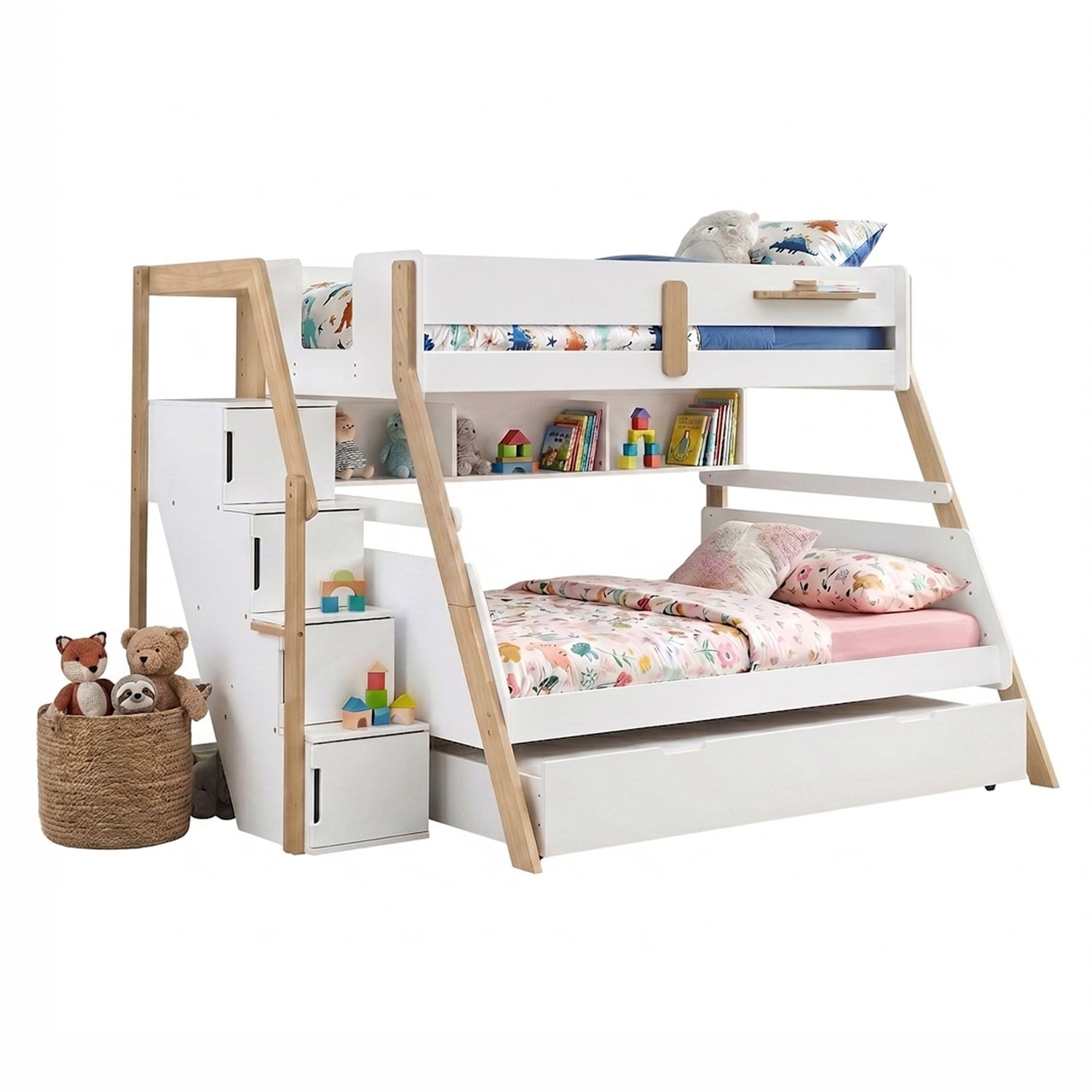 Evan Single Over Double Bunk Bed with Shelf & Single Trundle