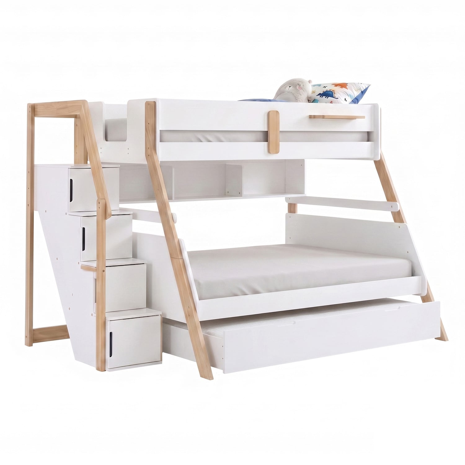 Evan Single Over Double Bunk Bed with Shelf & Single Trundle