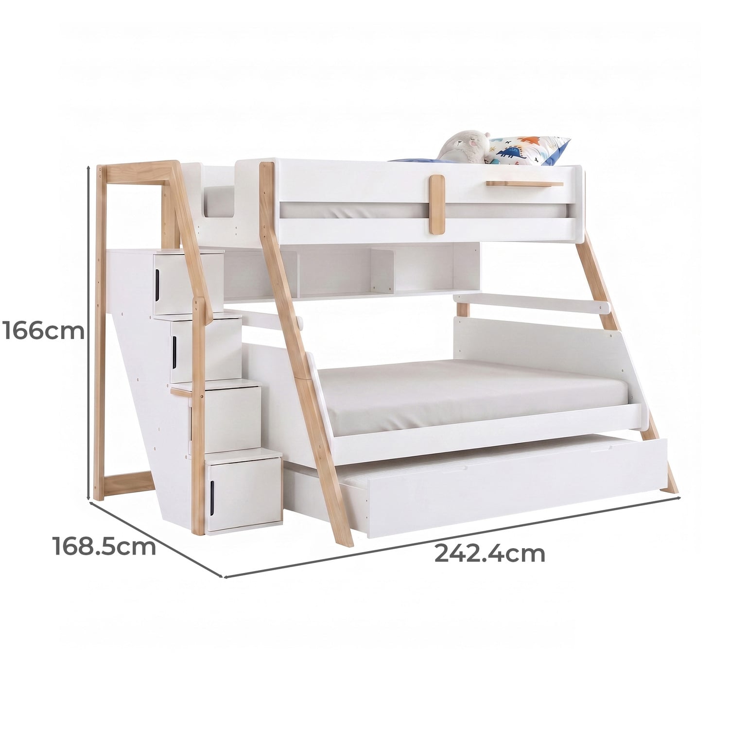 Evan Single Over Double Bunk Bed with Shelf & Single Trundle
