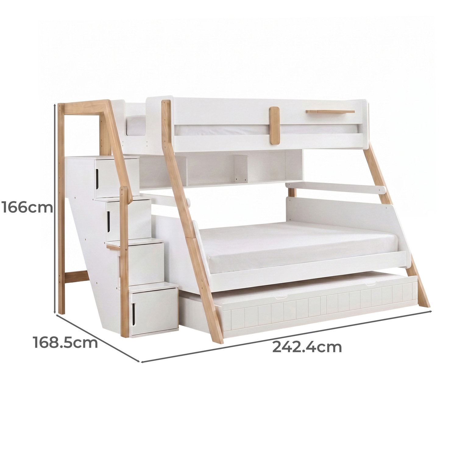 Evan Single Over Double Bunk Bed with Shelf & Double Trundle