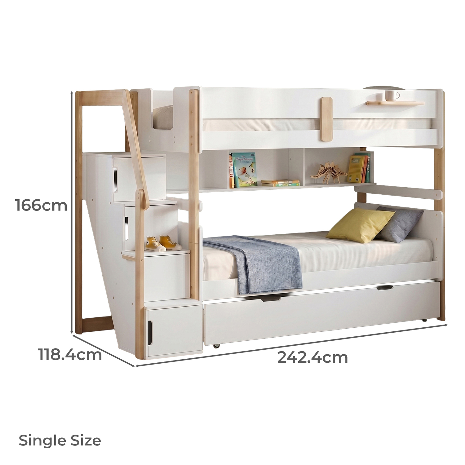 Evan Single Bunk Bed with Shelves & Staircase