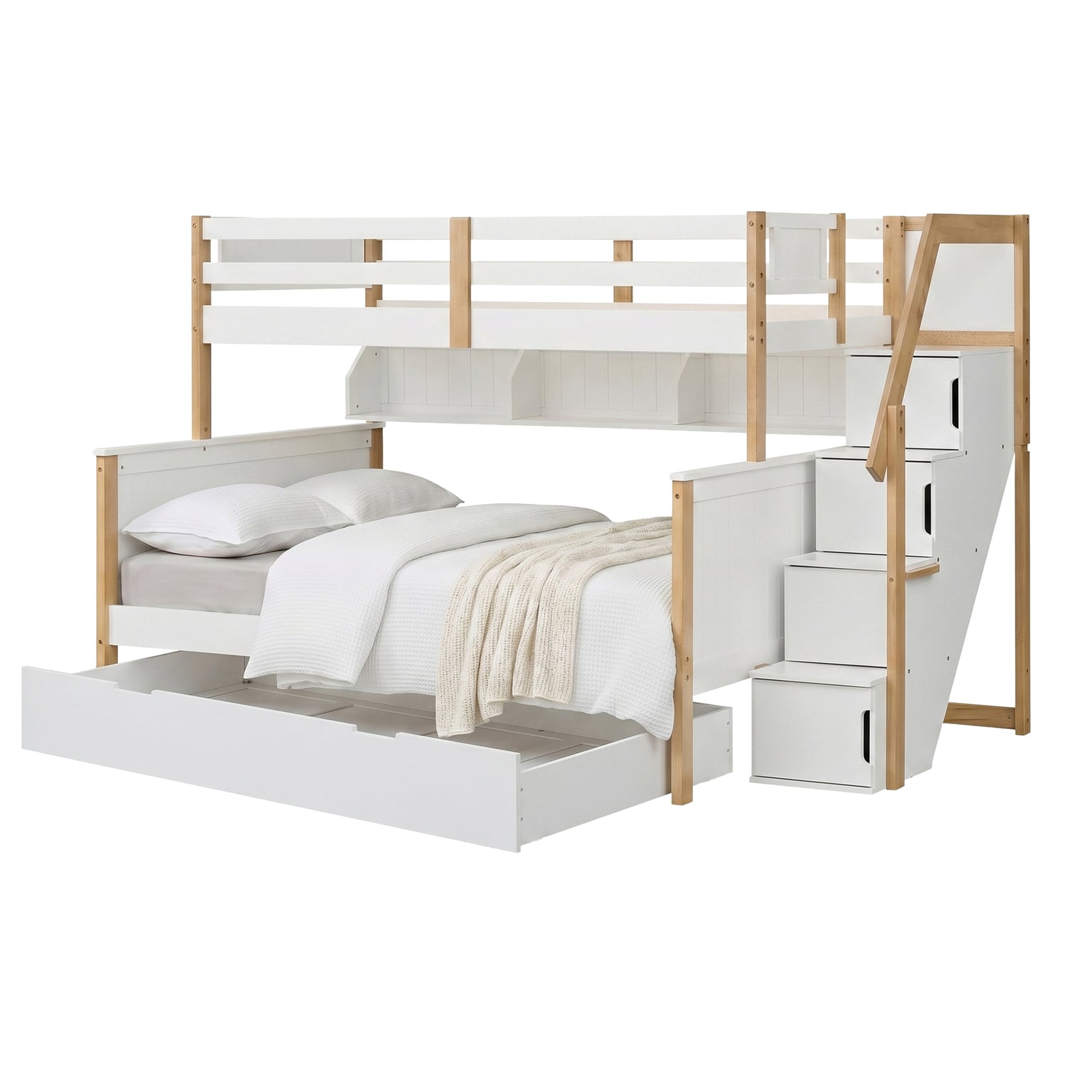 Evren Single Over Double Bunk Bed with Staircase & Shelf