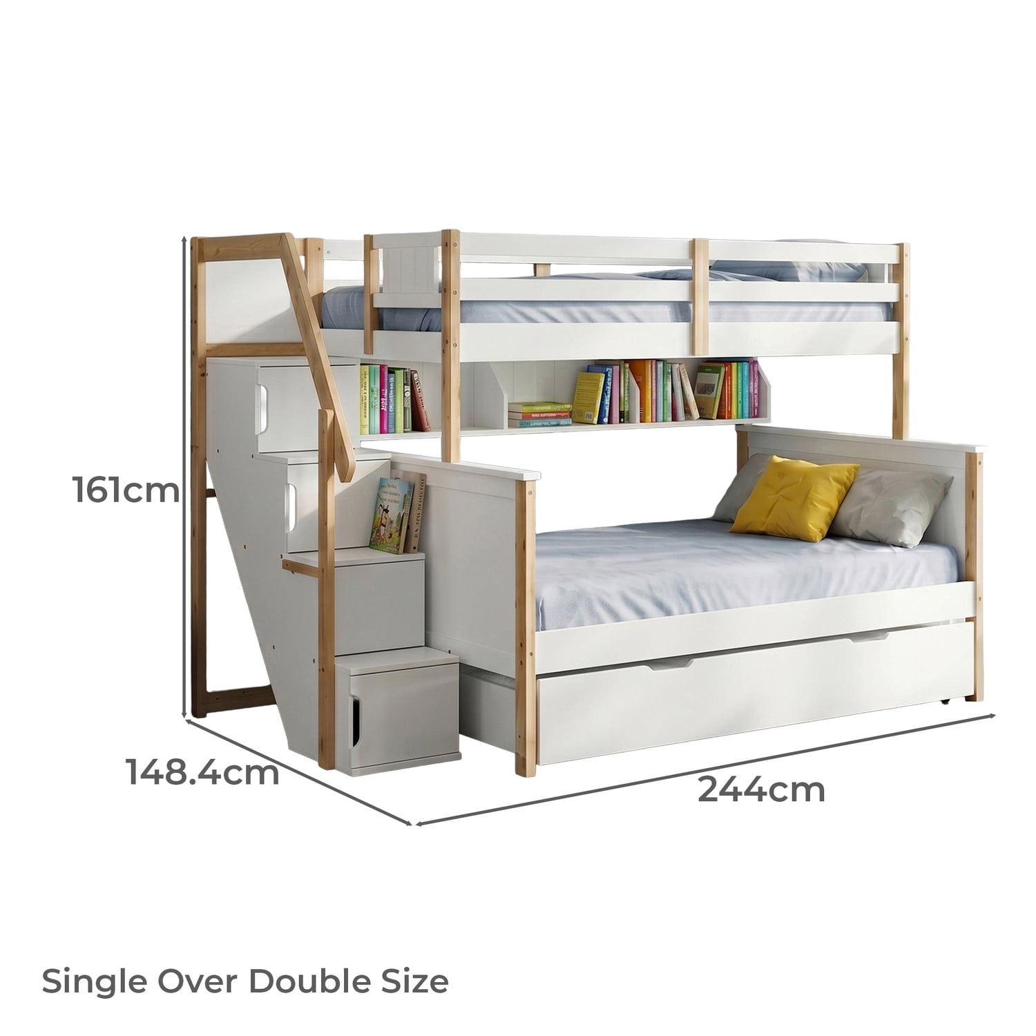Evren Single Over Double Bunk Bed with Staircase & Shelf