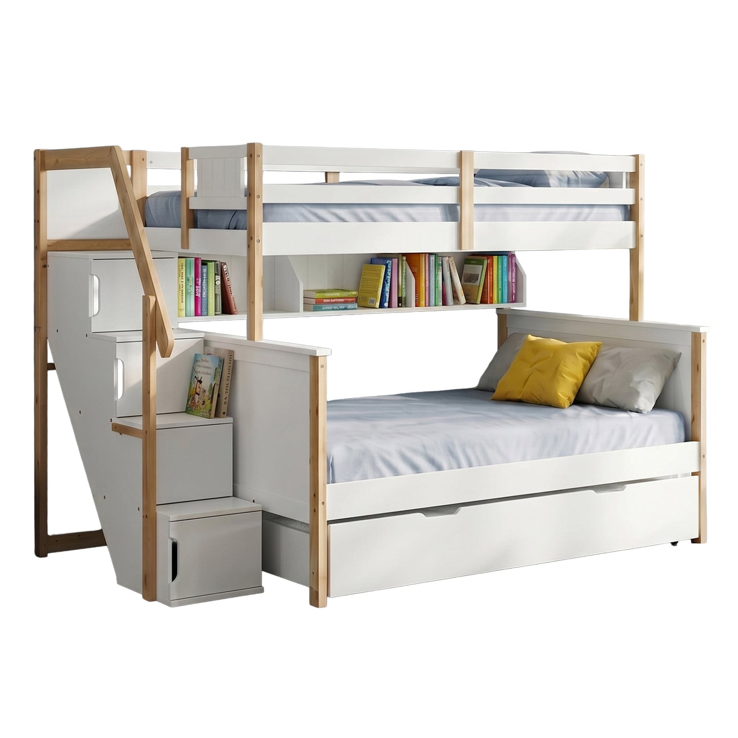Evren Single Over Double Bunk Bed with Staircase & Shelf