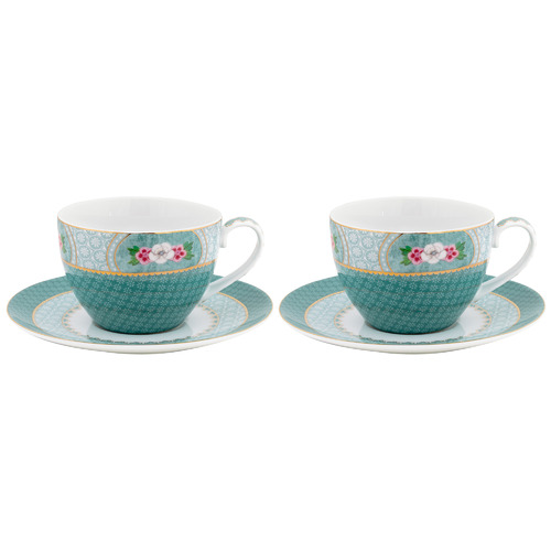 Blue Blushing Birds 280ml Porcelain Cups & Saucers