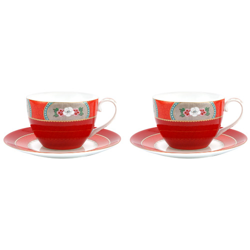 Red Blushing Birds 280ml Porcelain Cups & Saucers