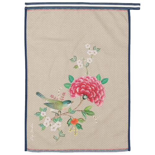 Khaki Blushing Birds Cotton Teatowel