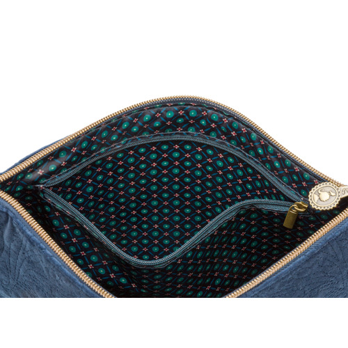 Dark Blue Quilted Velvet Cosmetic Flat Pouch | Temple & Webster