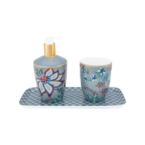 PipStudio 3 Piece Light Blue Flowery Porcelain Bathroom Accessories Set