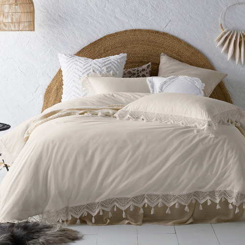 Vintage Design Cream Gypsy Tasselled Washed Cotton Quilt Cover Set