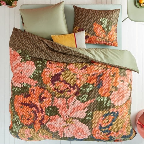 Multicoloured Embroidered Flower Cotton Sateen Quilt Cover Set