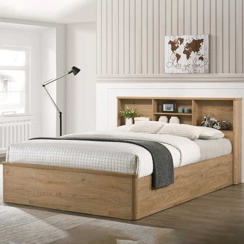 Core Living Natural Anderson Queen Bed, Queen Size Bookcase Headboard With Lights