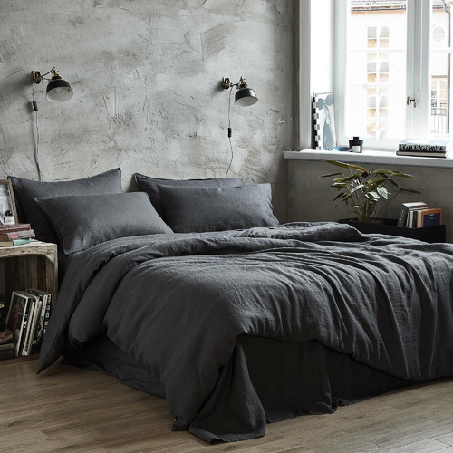 VioletteCasa Charcoal Clark French Linen Quilt Cover Set Temple & ster