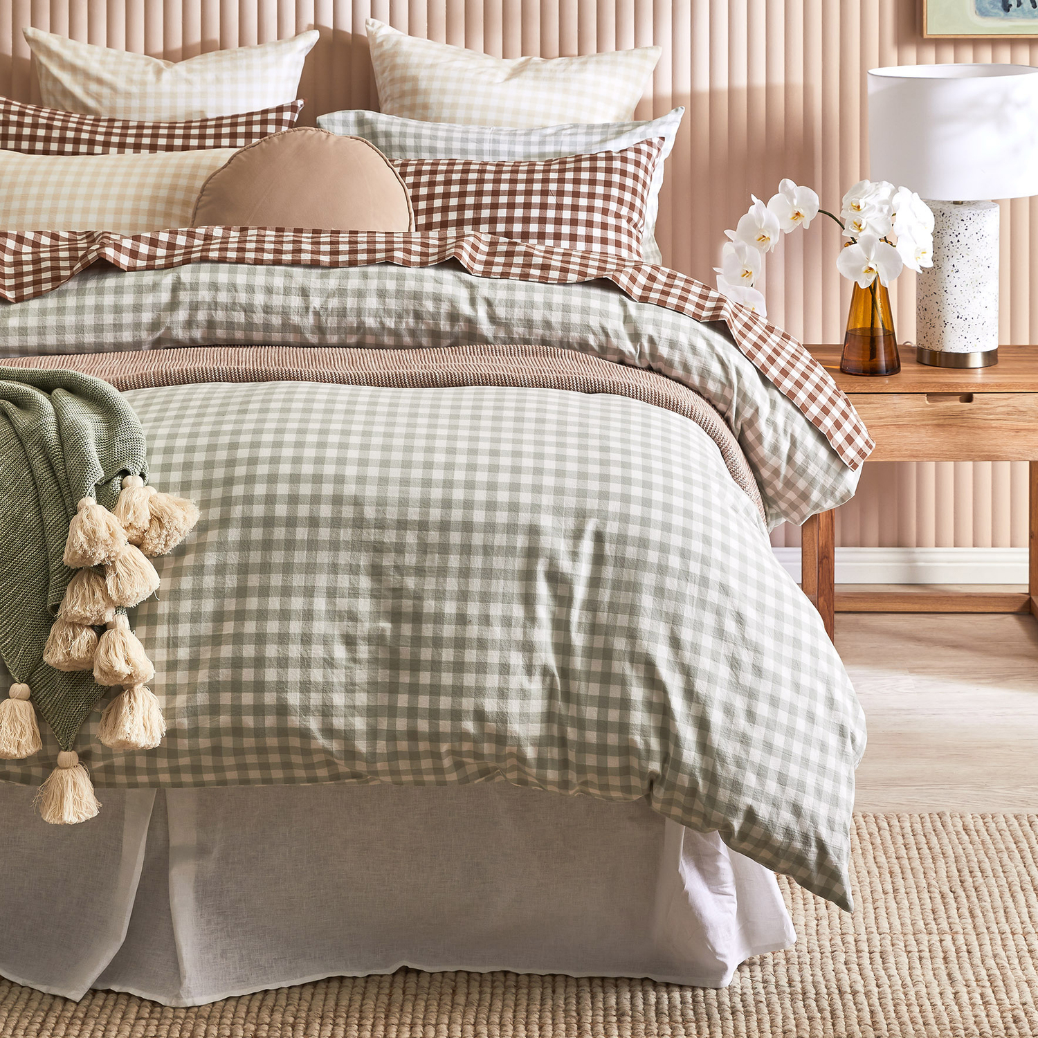 Sage Gingham Washed Cotton Quilt Cover Set