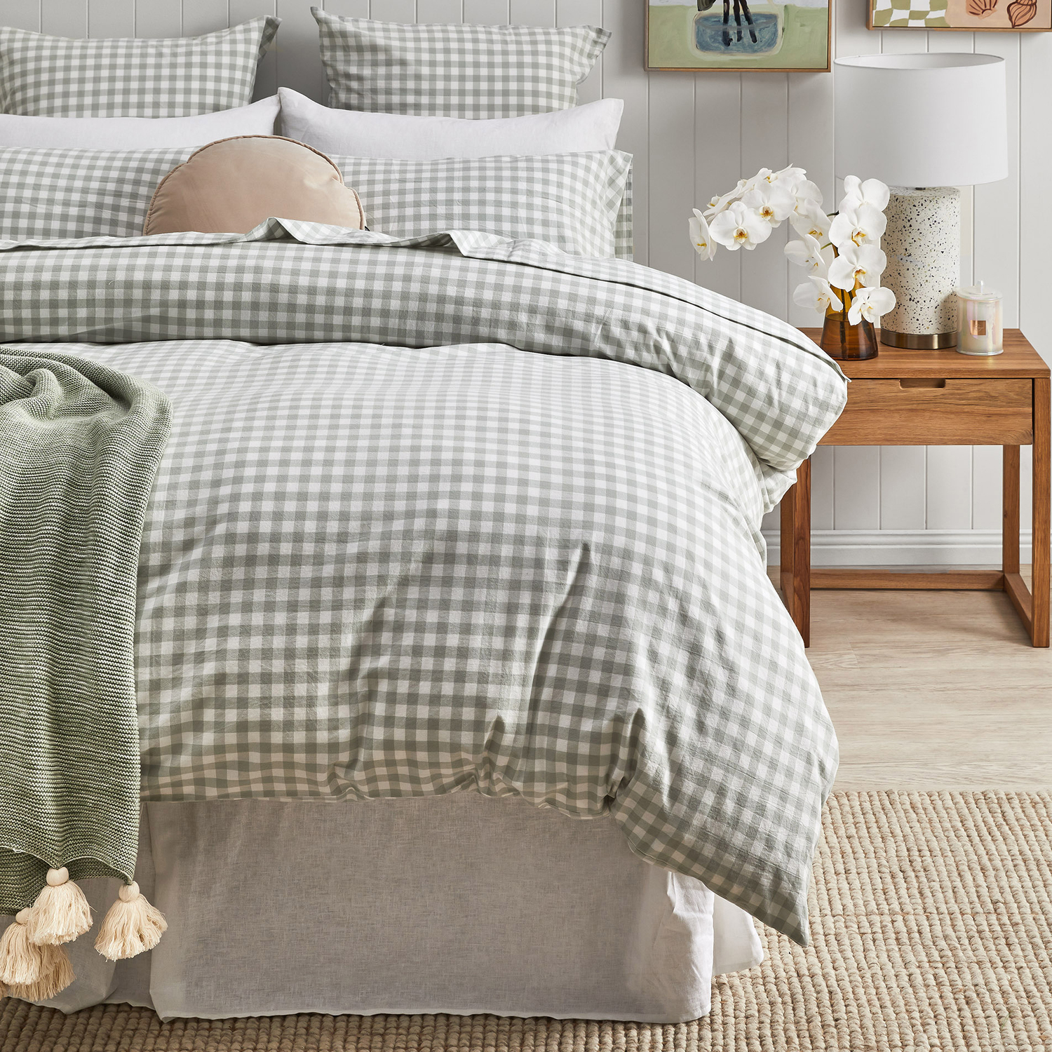 Sage Gingham Washed Cotton Quilt Cover Set