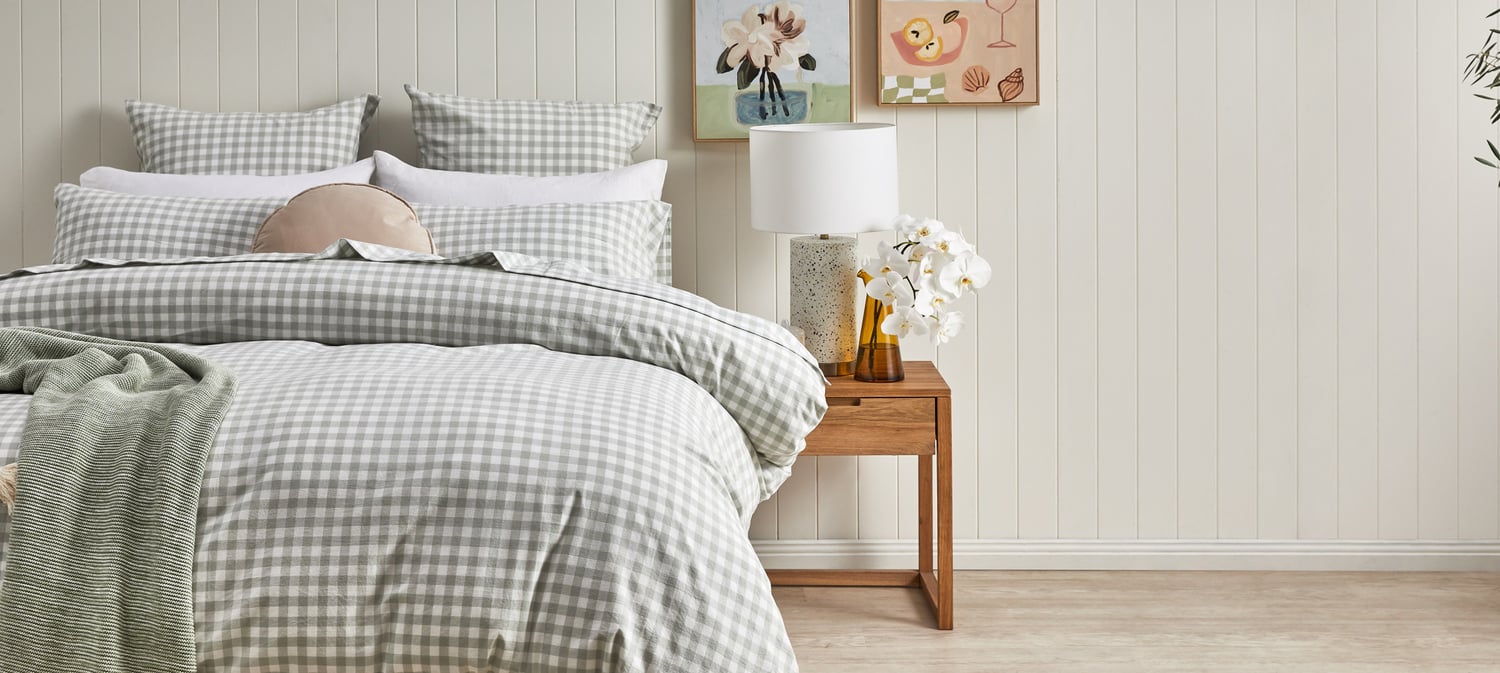 Sage Gingham Washed Cotton Quilt Cover Set