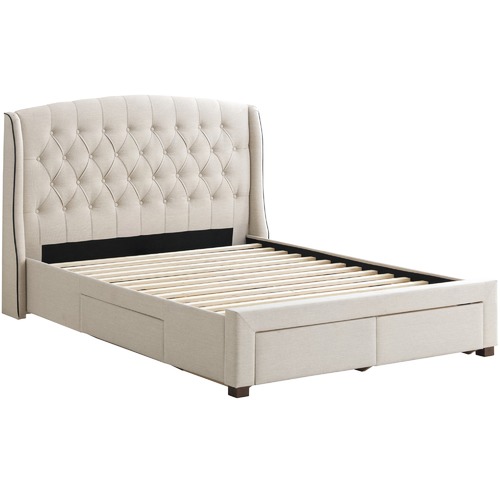Temple Webster Beige Audrey Tufted, Knap Queen Bed With Tufted Wing Headboard