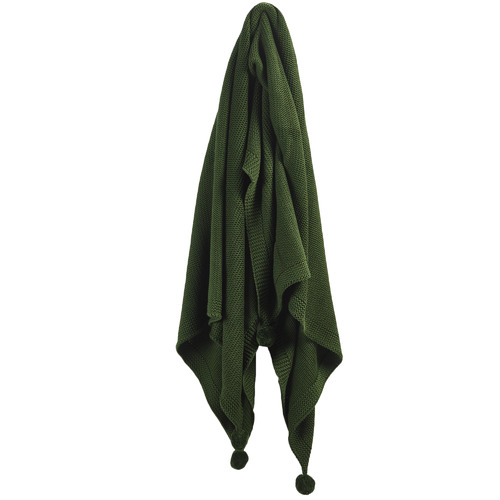 Temple & Webster Forest Green Pom Pom Knitted Cotton Throw