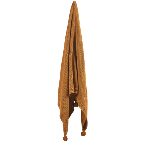 Temple & Webster Mustard Pom Pom Knitted Cotton Throw