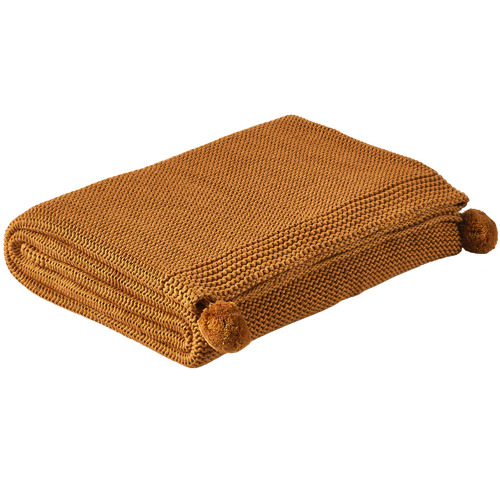 Temple & Webster Mustard Pom Pom Knitted Cotton Throw