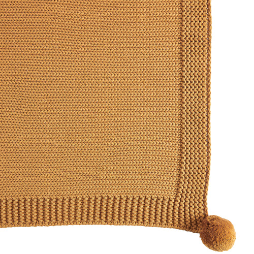 Temple & Webster Mustard Pom Pom Knitted Cotton Throw