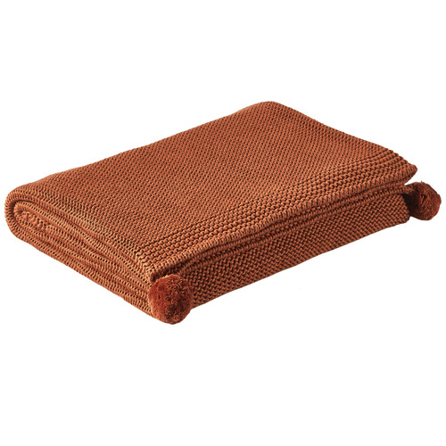 Temple & Webster Rust Pom Pom Knitted Cotton Throw