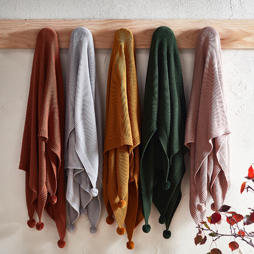 Temple & Webster Grey Pom Pom Knitted Cotton Throw