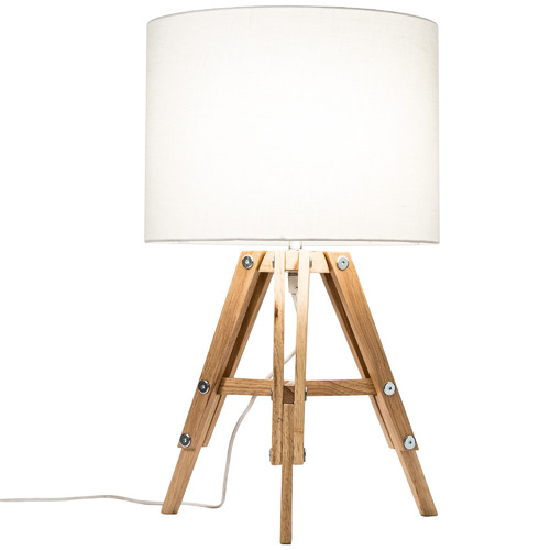 Temple Webster Natural Benson Wooden, White Wooden Tripod Table Lamp