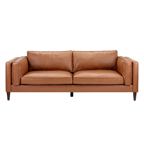 Temple Webster Tan Brahm 3 Seater Premium Faux Leather Sofa