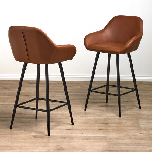 Temple Webster 62cm Tan Frankie Faux, Brown Leather Bar Stools With Backs