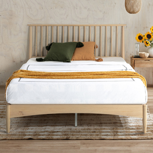 White Washed Liam Pine Wood Bed Temple & ster