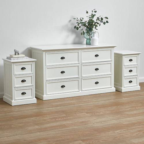 White Hamptons 3 Drawer Bedside Table