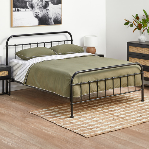 Temple Webster Black Bailey Metal Bed, Queen Size Black Iron Bed Frame