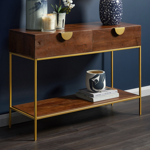 Temple Webster Priya 2 Drawer Mango, Wooden Console Table With Storage