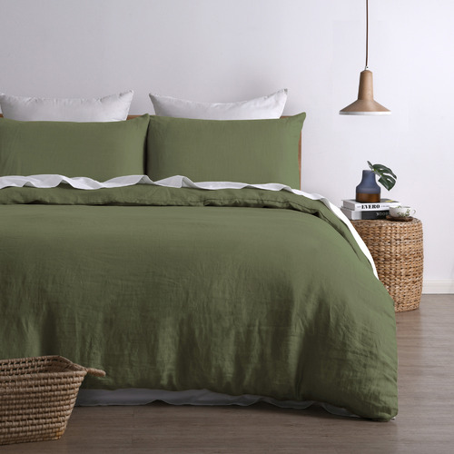 Temple & Webster Forest Green Pure French Flax Linen Quilt Cover Set