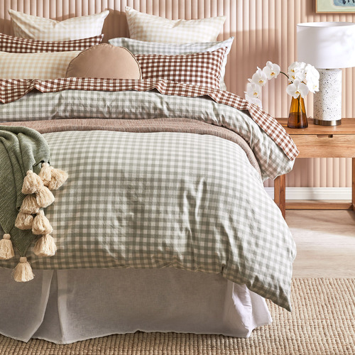 Sage Gingham Washed Cotton Quilt Cover Set