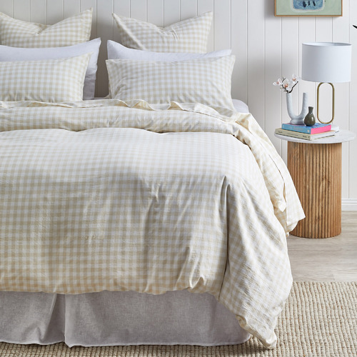 Temple & Webster Oatmeal Gingham Washed Cotton Quilt Cover Set