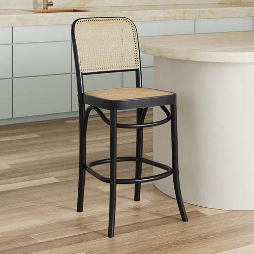 Temple Webster 65cm High Back Luca Beech Wood Rattan Barstool