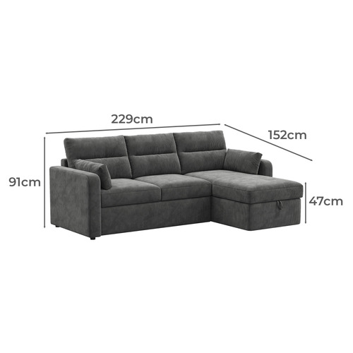 Carter 3 Seater Corduroy Sofa Bed with Reversible Chaise