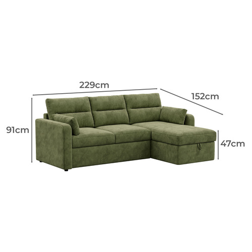 Carter 3 Seater Corduroy Sofa Bed with Reversible Chaise
