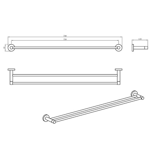 Clovelly 750mm Brushed Gold Double Towel Rail