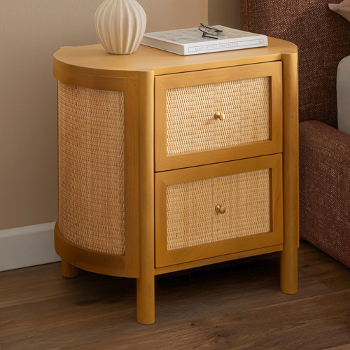 Alexandra Curved Mango Wood & Rattan Bedside Table
