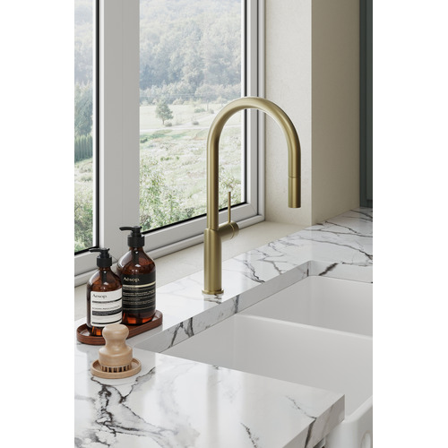 Clovelly Brushed Gold Pull-Out Sink Mixer & Bowral Fireclay Sink Package