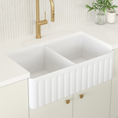 Clovelly Brushed Gold Pull-Out Sink Mixer & Bowral Fireclay Sink Package