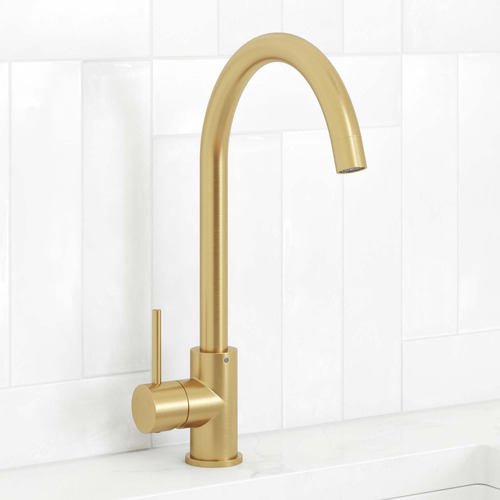 Clovelly Brushed Gold Gooseneck Sink Mixer & Bowral Fireclay Sink Package