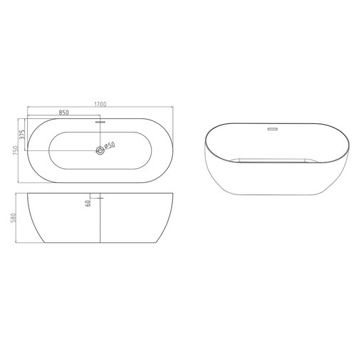 Avalon 1700mm Gloss White Curve Acrylic Freestanding Bath