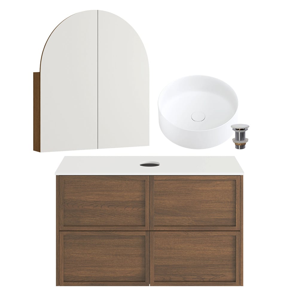 Cali 900mm Walnut Wall Hung Vanity Basin & Shaving Cabinet Package